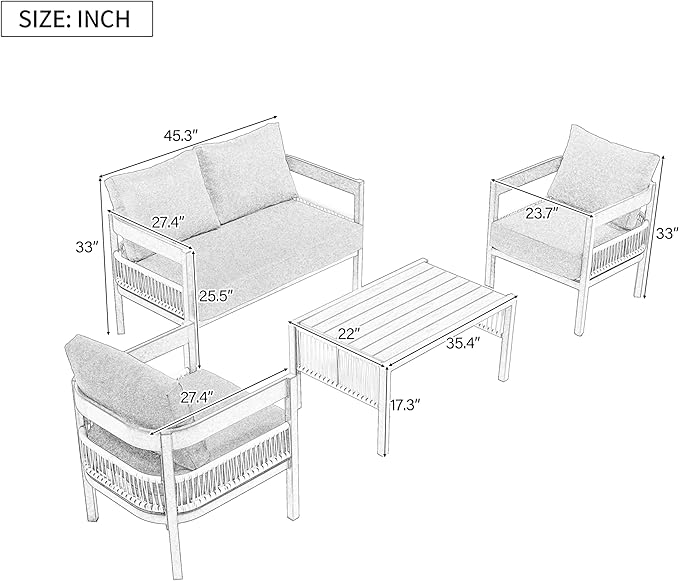4 Piece Outdoor Iron Sofa Set with A Table, PE Rattan Patio Furniture Sets with Double and 2 Single Seats, Multi-Person Conversation Set for Garden, Lawn Use (Gray/92)