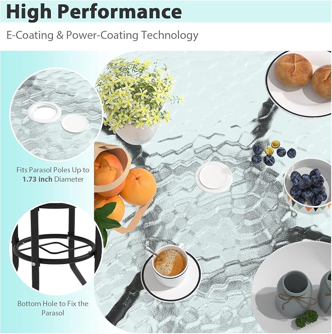 MKDLUFEI Patio Table with Umbrella Hole, 32 Inch Round Tempered Glass Metal Outdoor Dining Table Garden Elements for Balcony, Backyard Pool(Round)