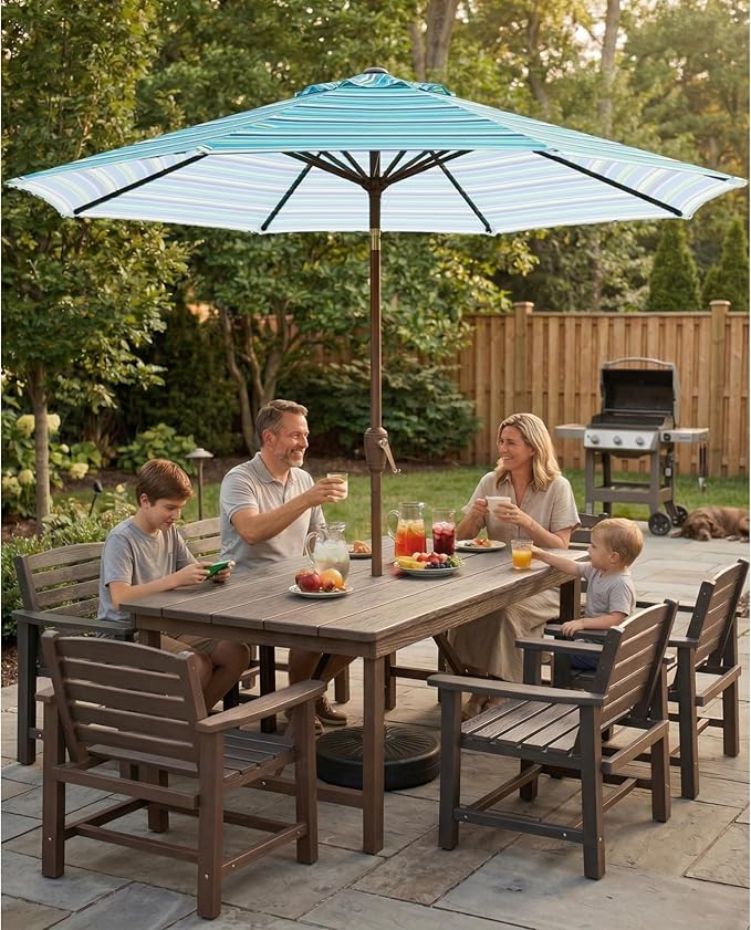 10FT Patio Umbrella, Outdoor Umbrella with Push Button Tilt and Crank, 8 Sturdy Ribs, UV Protection & Waterproof Market Umbrella for Pool, Backyard, Beach,Deck (Blue Green Stripes)