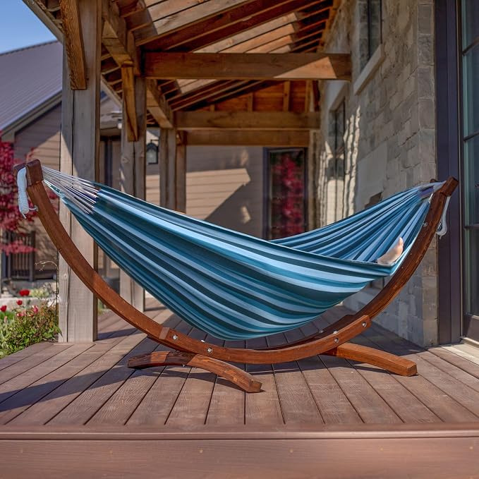 Vivere Double Cotton Hammock with Solid Pine Arc Stand - 450 lb Capacity, Durable FSC Wood Frame, Comfortable 87 Bed, Includes Hardware & User Guide (Blue Lagoon)