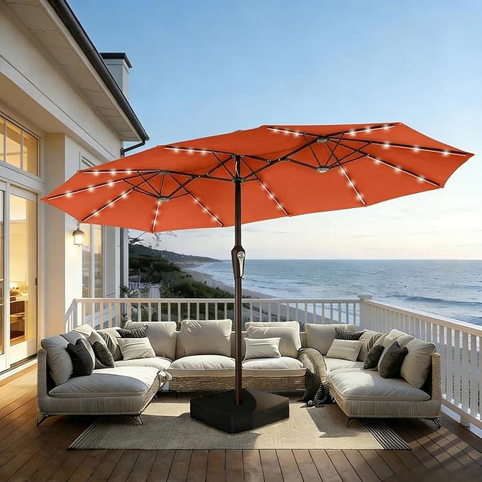 15FT Patio Umbrella with Solar Lights, Double-Sided Extra Large Outdoor Table Umbrella with Base Included, Heavy-Duty 12 Iron Ribs Market Umbrella for Garden, Pool, Backyard, Terracotta