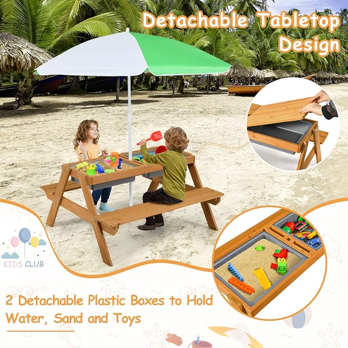 KOTEK Kids Picnic Table, 4 in 1 Sand and Water Table w/Detachable Tabletop, 2 Removable Play Boxes, Foldable & Height Adjustable Umbrella, Wood Sensory Table and Bench for Outdoors, Indoors (Natural)