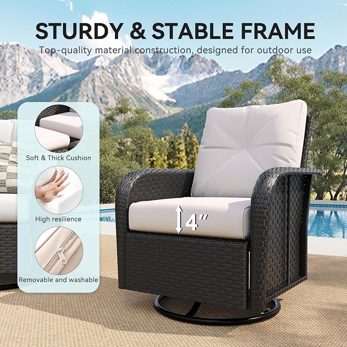 LazySunsets 12 Piece Outdoor Patio Furniture Set with 44'' Fire Pit Table, Wicker Rattan Outdoor Furniture with High Back Swivel Rocker Chairs, Outdoor Sofa Set with Thick Cushions & Ottoman, Beige