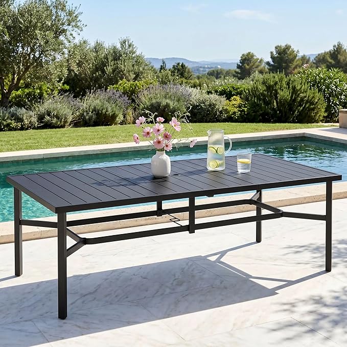 SUNSHINE VALLEY 83" Patio Table for 8,Large Rectangle Patio Dining Table with Umbrella Hole,E-Coating and Powder Coating Steel Frame Metal Outdoor Patio Table for Garden Backyard Lawn Yard
