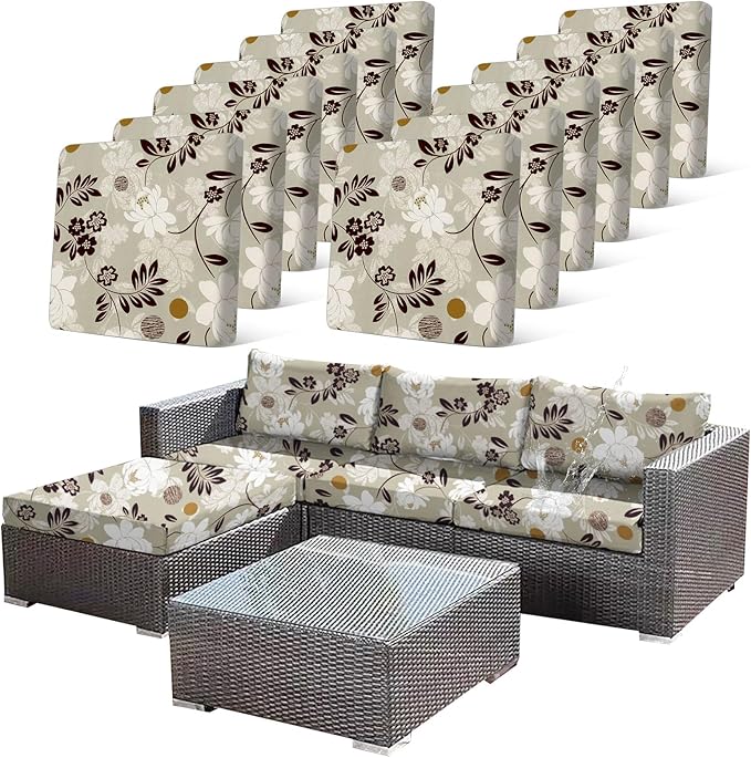 CALBODE 12 Pcs Waterproof Patio Cushion Covers, Floral Printed Stretch Outdoor Sofa Cover for Patio Furniture, Washable Chair Covers Reusable Furniture Protector (Brown,Cushions Not Included)
