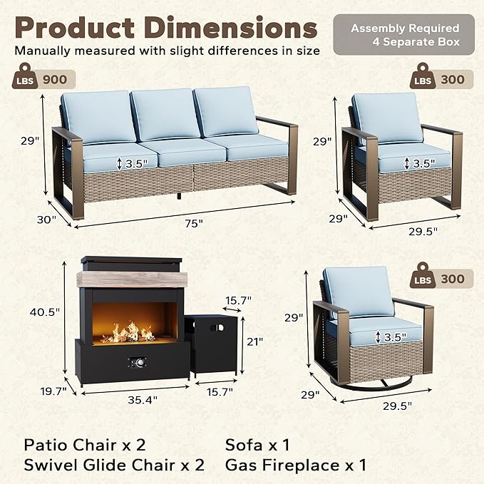 6 Pieces Wicker Patio 75" Sofa Set with 2 Armchairs, 2 Swivel Chairs, Fireplace, All Weather Rattan Outdoor Conversation Furniture Set with Metal Armrest & Removable Cushions for Deck, Baby Blue