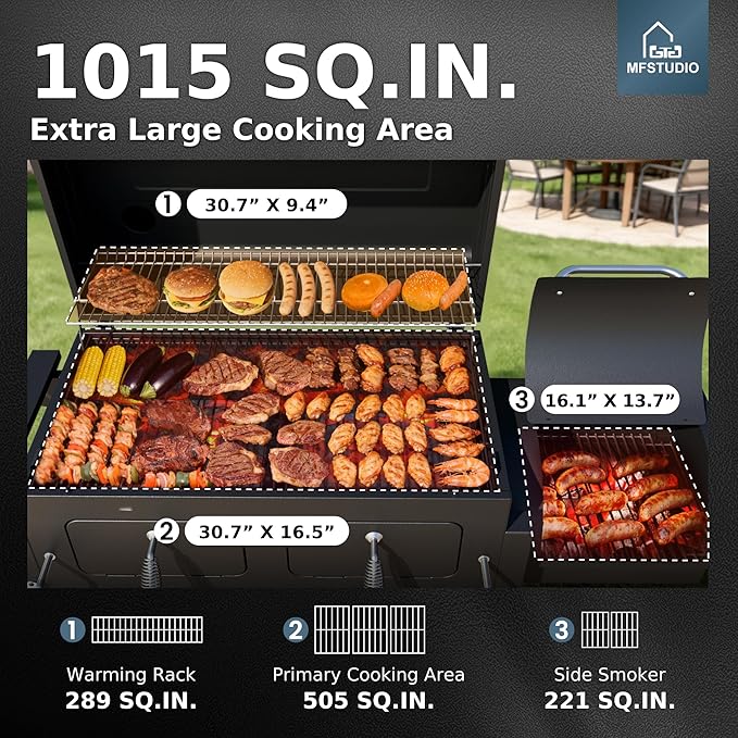 MFSTUDIO 49" 2 in 1 Charcoal Grill & Smoker Combo, Outdoor Grill with Enamel Coated Charcoal Tray, 1015 SQ.IN Cooking Area, Adjustable Top Vent and Chimney for Outdoor Grilling