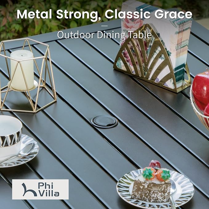 PHI VILLA 5 Pieces Outdoor Patio Dining Set for 4, Metal Steel Frame Table with Umbrella Hole & All Weather PE Rattan Cushioned Chairs Set for Deck, Yard, Porch