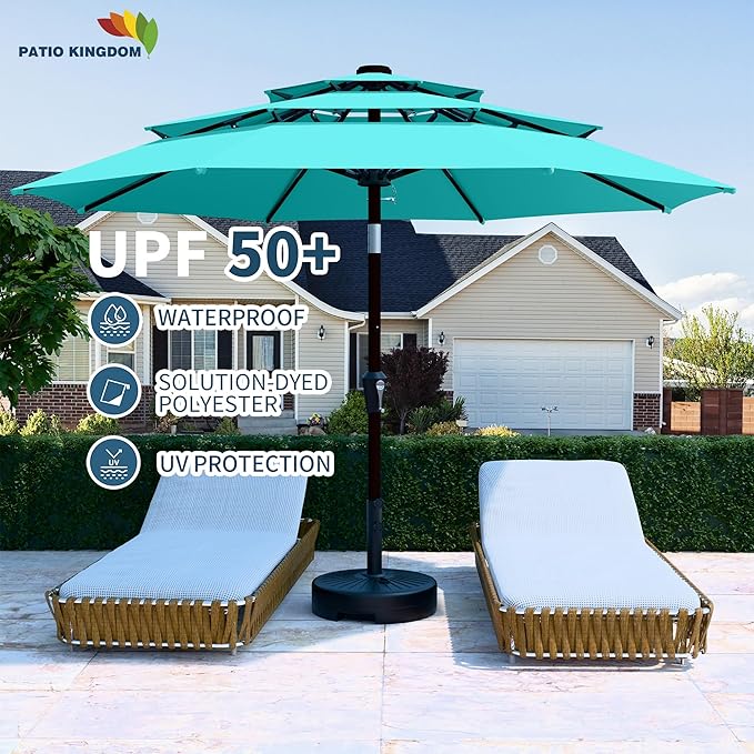 PatioKingdom 9ft 3-Tier Patio Market Umbrella with Crank/Tilt, Commercial Heavy Duty Wind Proof,Outdoor Table Umbrella with 8 Fiberglass Ribs,UPF50+ for Deck,Pool,Garden,Backyard (Peacock Blue)