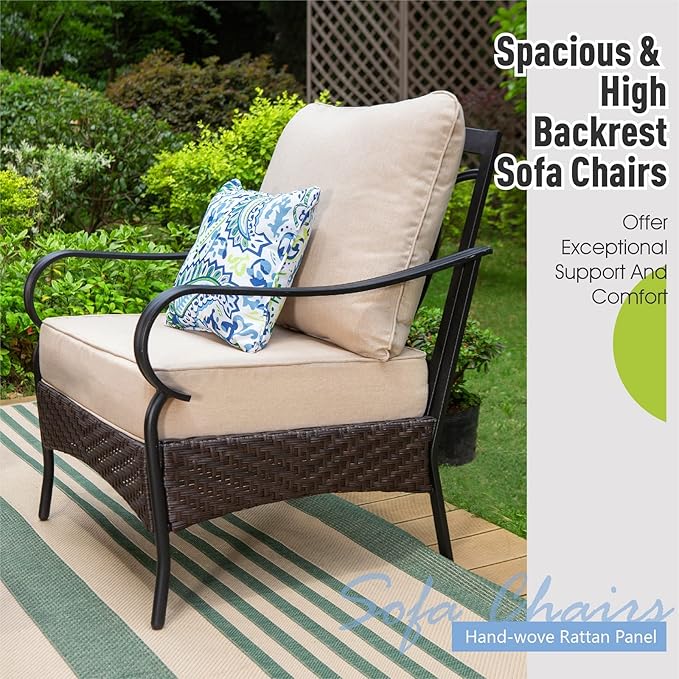 Sophia & William Metal Patio Furniture Set, 5 Seats Outdoor Conversation Set with 3-Seater Sofa, 2 Sofa Chairs, 1 Coffee Table for Seating Lawn Porch Backyard, Beige