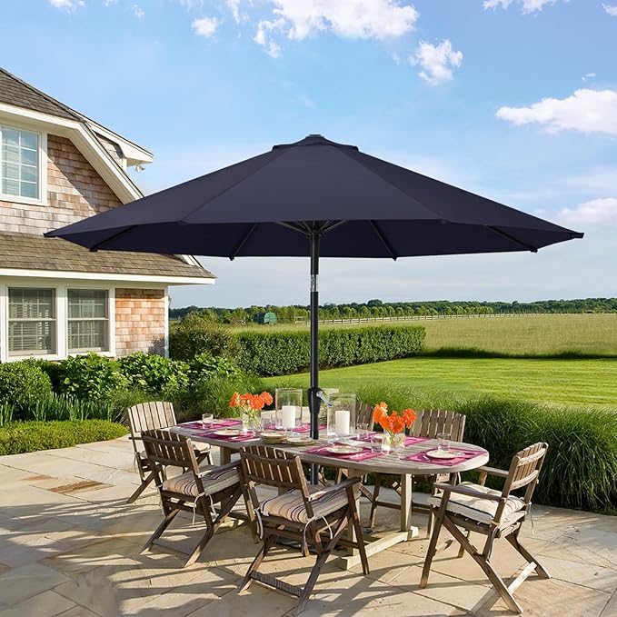 MASTERCANOPY 10FT Patio Umbrella with Push Button Tilt and Crank, Outdoor Market Umbrella with 8 Sturdy Ribs, UV Protection & Waterproof for Garden, Deck, Backyard, Pool (Navy Blue)
