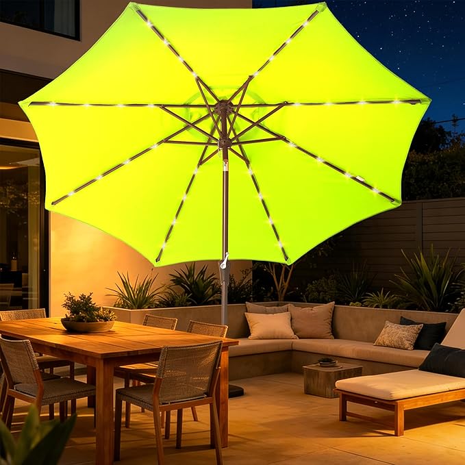 9FT Solar-Powered LED Patio Umbrella with Tilt Crank,Outdoor Market Umbrella with 32 Lights,Sunshade for Deck, Garden and Pool