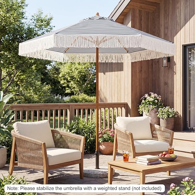 HAPPYGRILL 7 FT Patio Umbrella with Fringe, Outdoor Tassel Umbrella w/Sun-Protective Polyester Canopy, Wood-like Aluminum Pole, Air Vent, Boho Market Table Umbrella for Beach Backyard Poolside