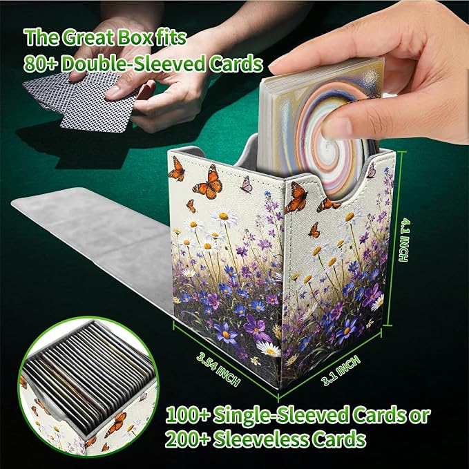 Purple Flower Butterfly Card Deck Box for MTG, Personalized Card Storage Case Fits 120+ Sleeved Cards, Premium Leather TCG Box with Strong Magnetic Closure for Magic, PTCG, Baseball Cards