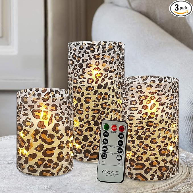 Flickering Flameless Candles, Recessed String Light LED Candles 3D Wick Acrylic Battery Operated LED Pillar Candles with Remote and Timer for Modern Simple Home Decor Set of 3(Leopard)