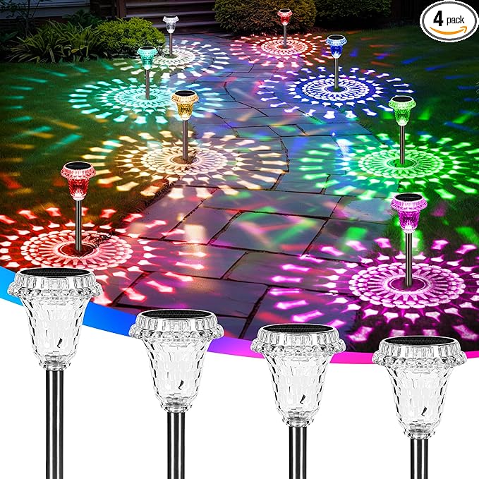 Solar Lights Outdoor Pathway Waterproof, Multicolor Decorative Garden Lights for Walkway Driveway Yard Lawn, Acrylic Solar Powered Landscape Path Lights, 10 Modes (3 White&7 Diverse Colors), 4 Pack