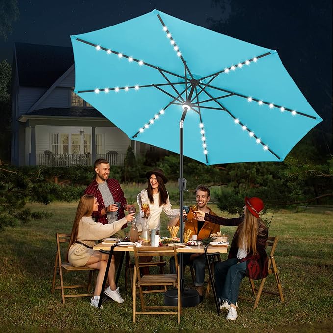 FLAME&SHADE 10 FT Solar Light Patio Umbrella, 40 LED lights outdoor umbrella with Centre Surround Light, Table Market Umbrella for Deck, Pool, Porch, Backyard, Garden, UV Protection, Aqua Blue