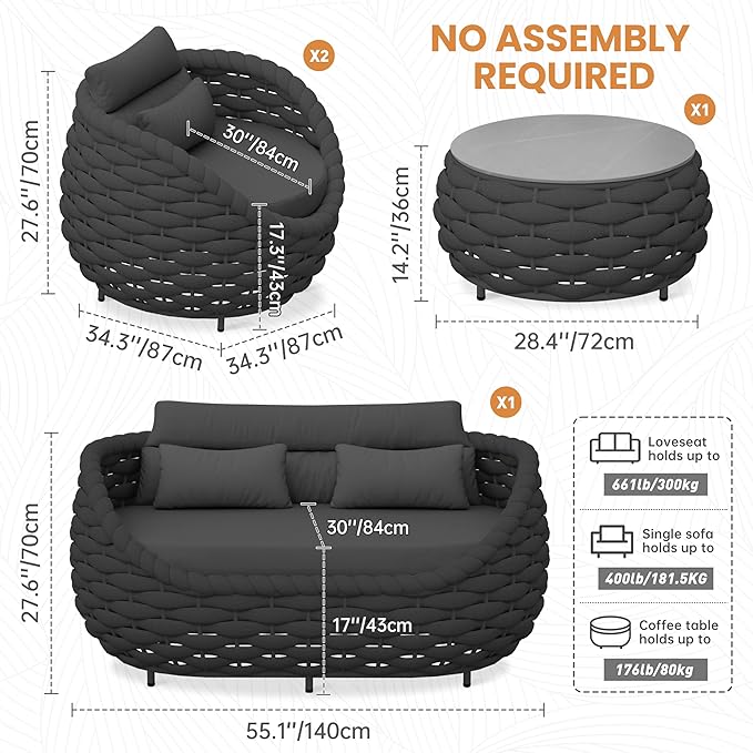 4 Pieces Outdoor Patio Furniture Set, All Weather Textilene Patio Conversation Set Patio Sofa and Loveseat Set with Table Cushions for Bistro Poolside Garden Backyard Hotel - Dark Gray