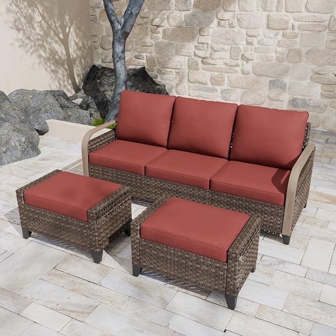 COOS BAY Modern Wicker Outdoor Furniture Set, 3 Piece Patio Conversation Set with a 3 Seat Couch and 2 Ottomans, 3 Piece, Brown/Red