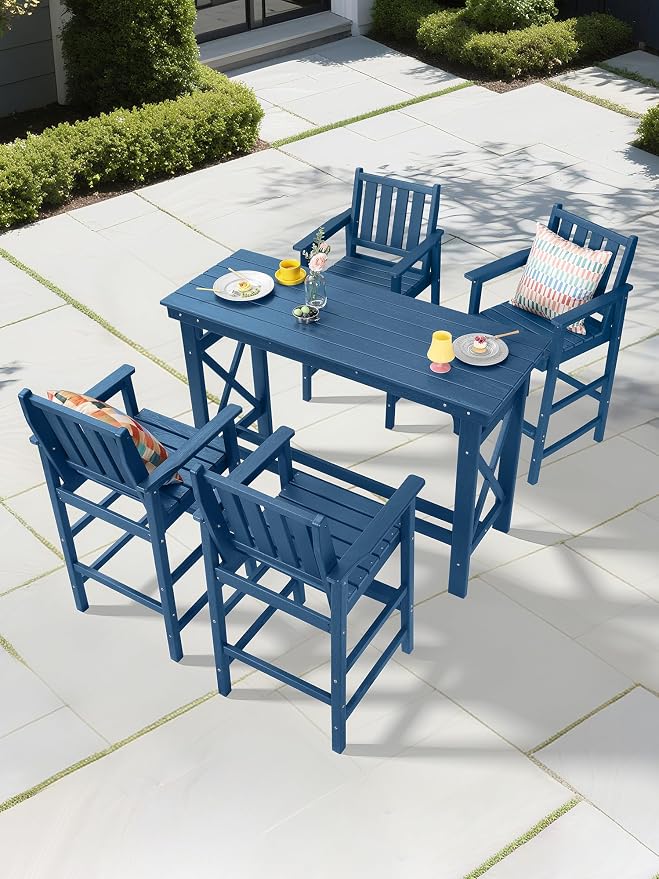 5-Piece HDPE Patio Bar Set, Rectangular Bar Height Table and 4 Adirondack Bar Chairs, All-Season Outdoor Bar Stools Set, Outdoor Bar Table and Chairs Set for Outside, Balcony, Deck, Navy