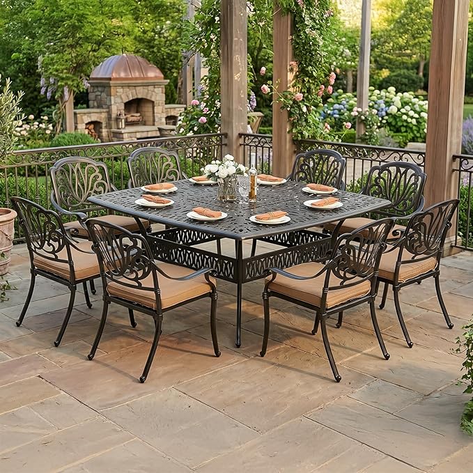 VIVIJASON 64" Patio Dining Table for 8, Large Square Cast Aluminum Dining Table with 2.2" Umbrella Hole, Weather-Resistant Patio Dining Table for Deck Garden Backyards, Dark Bronze