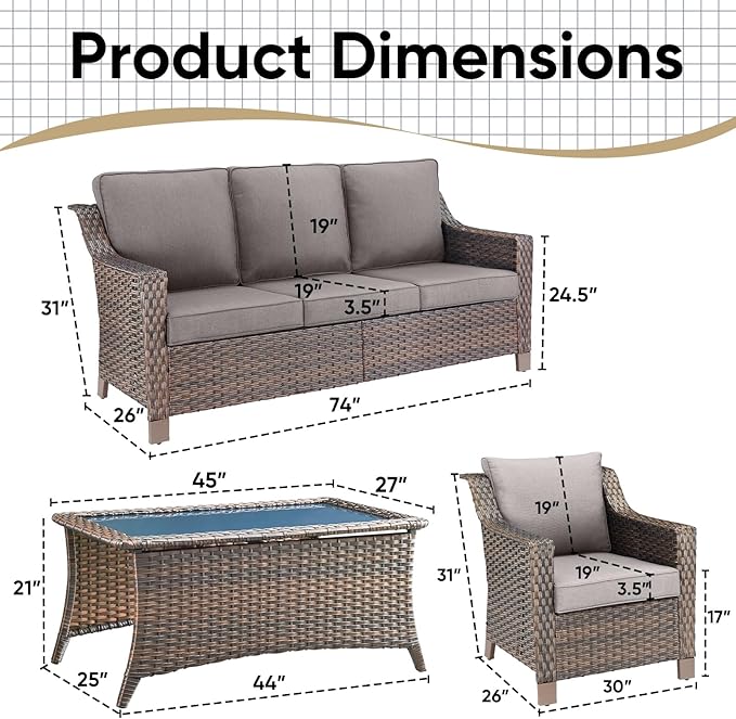 4 Piece Patio Furniture Set-Outdoor Rattan Wicker Sofa with Patio Chairs Outdoor Furniture for Porch Garden Backyard Poolside-Brown/Grey