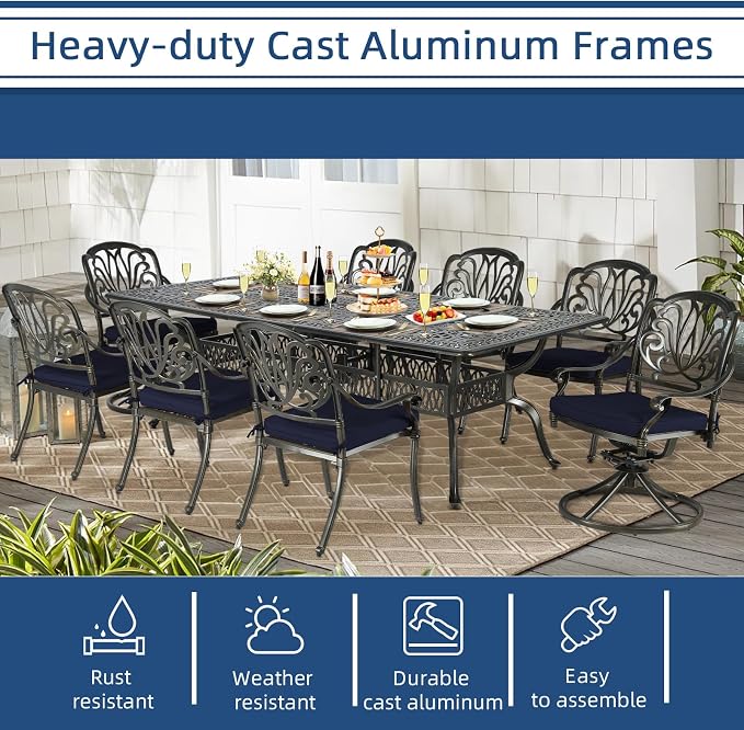 9-Piece Patio Cast Aluminum Dining Set, Outdoor Dining Furniture Set for 8, Includes 94.5" Rectangular Dining Table, 6 Stationary, 2 Swivel Dining Chairs with Umbrella Hole, Navy Blue