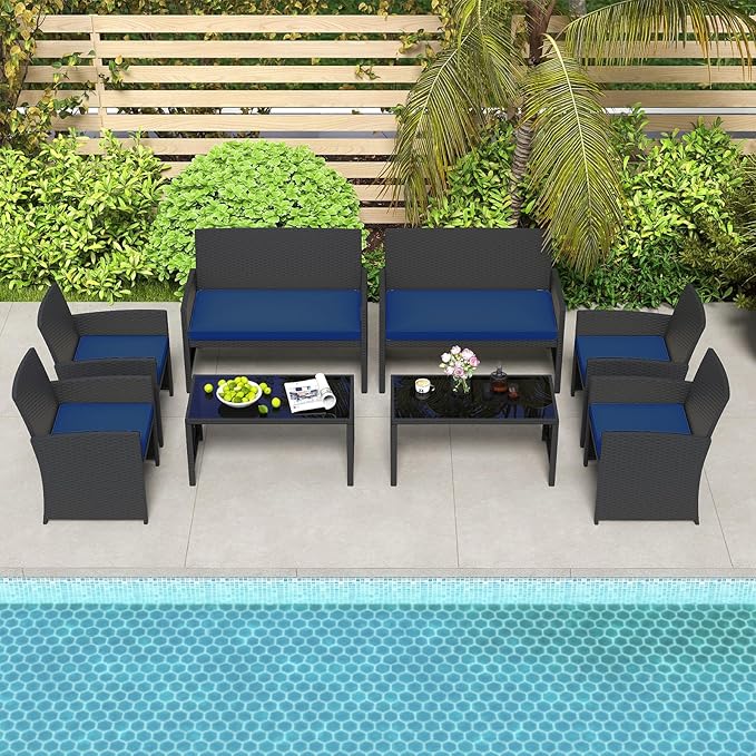 HAPPYGRILL 4 Piece Rattan Wicker Patio Conversation Set, Outdoor Furniture with Chair Loveseat Table & Cushion, for Backyard Porch Balcony (2, Black & Navy)