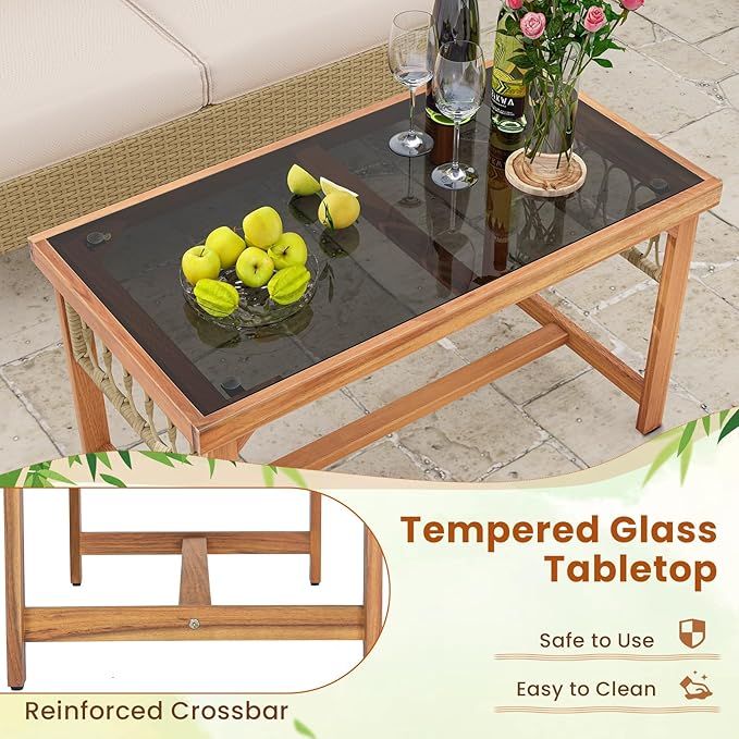 Tangkula 4 Pieces Patio Furniture Set, Outdoor PE Wicker Conversation Bistro Set with Acacia Wood Frame, Cushions and Tempered Glass Coffee Table for Porch, Balcony, Deck and Backyard (Beige)