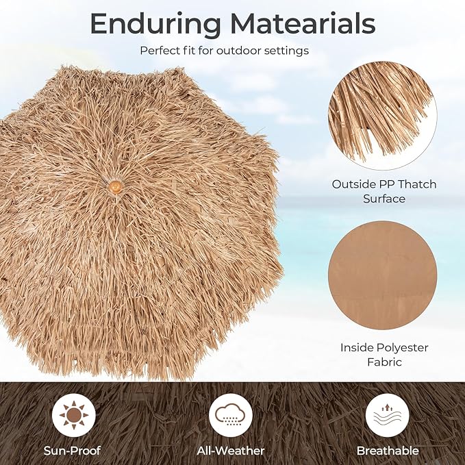HAPPYGRILL 6.5 FT Hula Thatched Tiki Beach Umbrella, 30° Tilting Hawaiian Style Tropical Holiday Umbrella with 8 Metal Ribs, Carry Bag & Foldable Base for Patio, Garden & Pool