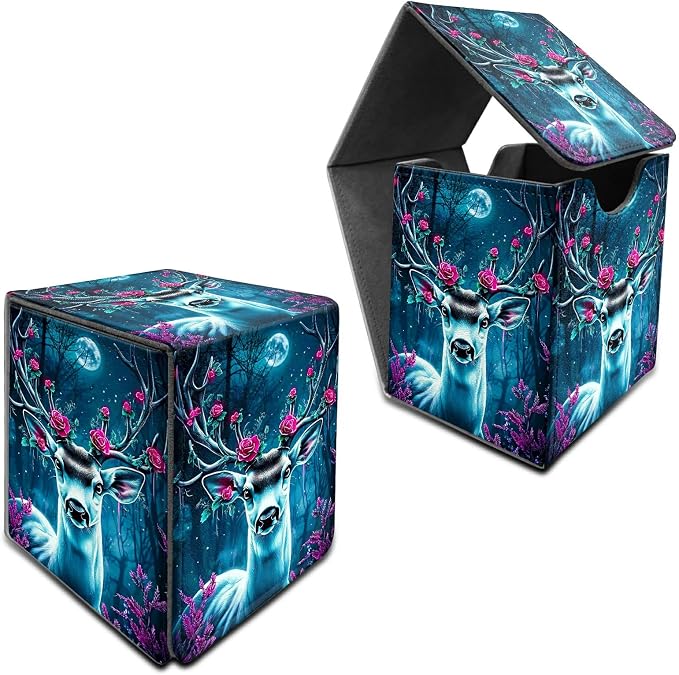 Deck Box for MTG, Cards Storage Box Fits 120+ Sleeved, Leather Medium Size Strong Magnetic Closing Card Case for Board Games Magic TCG CCG Baseball Collection, Forest Flowers Deer