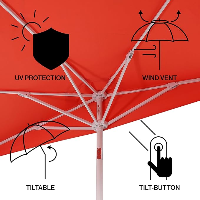 JONATHAN Y Terrace Scalloped 9 ft. Half Round Patio Umbrella with Crank Lift and Tilt, Coastal Semicircle Market Wall Umbrella for Balcony, Coral Red/White, White Pole UMB1202F