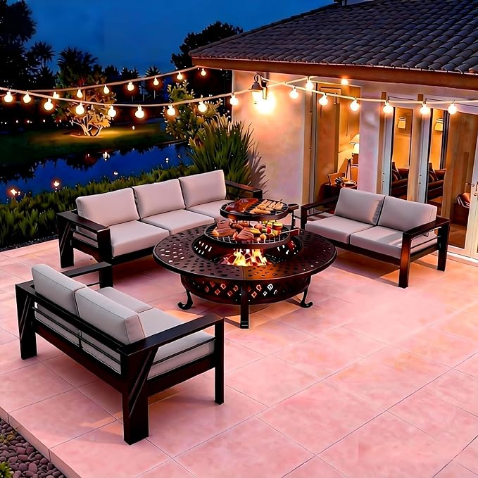 8 Pieces Outdoor Conversation Sets, Aluminum PatioCouch with Metal Fire Pit Table, All-Weather PatioCouch with 5" Thick Cushion, 43'' Firepit Outside Wood Burning with Adjustable 2 Grills, Light Gray