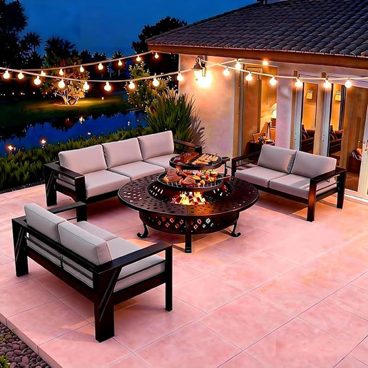 8 Pieces Outdoor Conversation Sets, Aluminum PatioCouch with Metal Fire Pit Table, All-Weather PatioCouch with 5" Thick Cushion, 43'' Firepit Outside Wood Burning with Adjustable 2 Grills, Light Gray