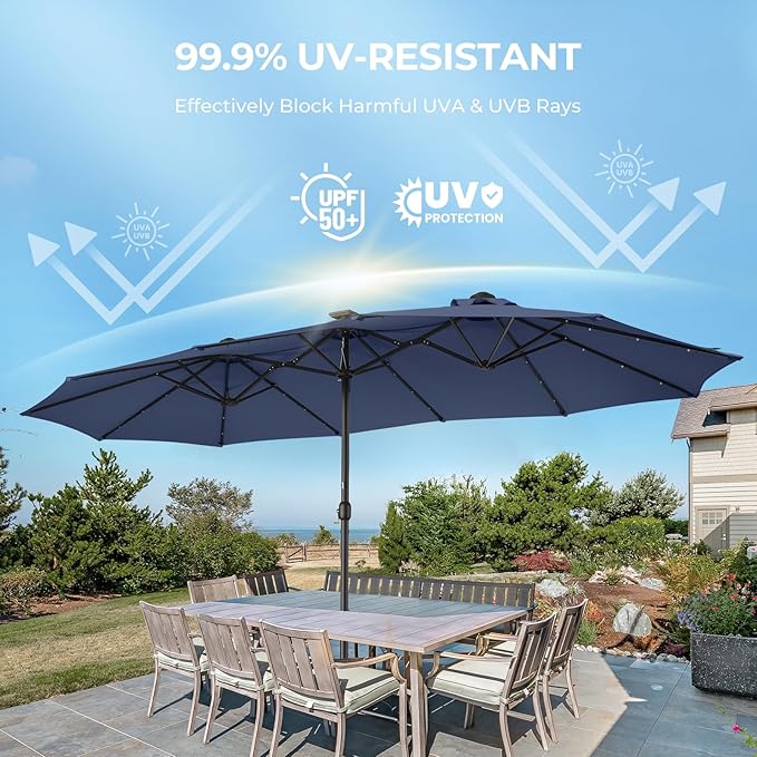 HOMSHADE Double Sided Patio Umbrellas - 15ft Solar Lights LED Lighted Outdoor Extra Large Market Table Umbrella with Base Included, Oversized Umbrella for Deck, Pool, Backyard
