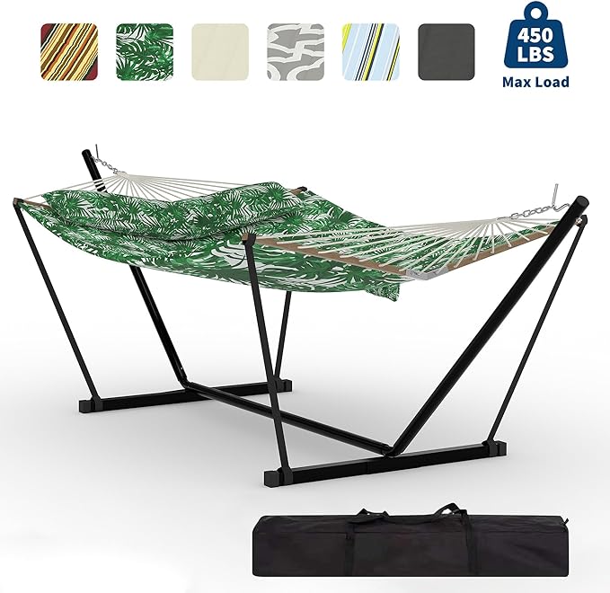 Double Hammocks with Stand for Outside, Heavy Duty Portable Outdoor Hammock with Carrying Bag & Soft Pillow & Paded, 450 LBS Weight Capacity, Perfect for Outdoor Indoor Patio Backyard Garden