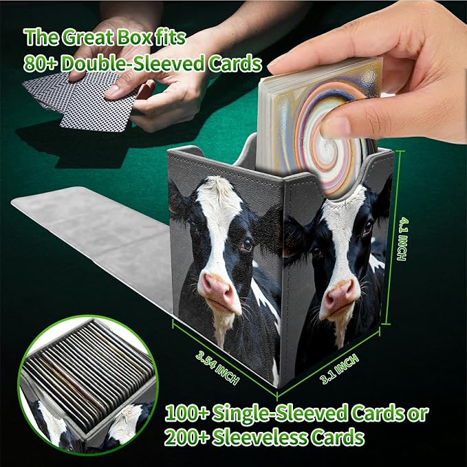 Black White Cow Card Deck Box for MTG, Personalized Card Storage Case Fits 120+ Sleeved Cards, Premium Leather TCG Box with Strong Magnetic Closure for Magic, CCG, PTCG, Baseball Cards