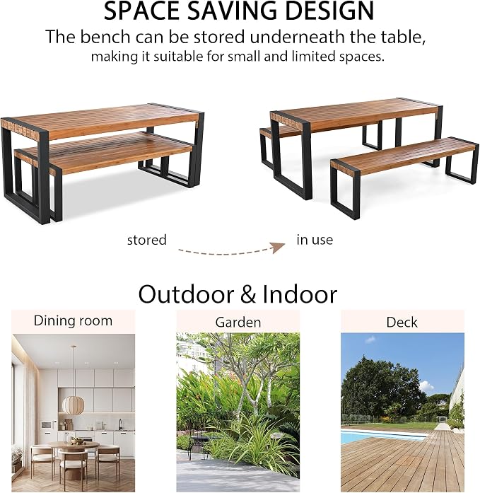 3 PC Outdoor Dining Set with 2 Benches Acacia Wood Tabletop & Steel Frame | All-Weather Patio Furniture for Backyard, Garden, or Indoor Use, Natural
