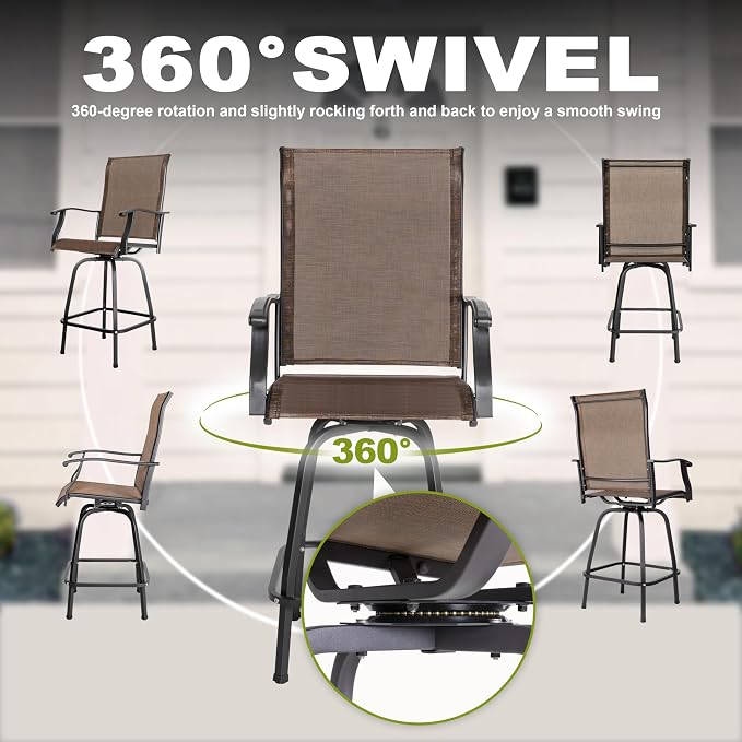NUU GARDEN 5 Piece Outdoor Swivel Bar Set, All Weather Patio High Bar Stool Bistro Set with Textilene Height Back Bar Chairs and Slatted Metal Bar Table with Umbrella Hole, Black and Brown