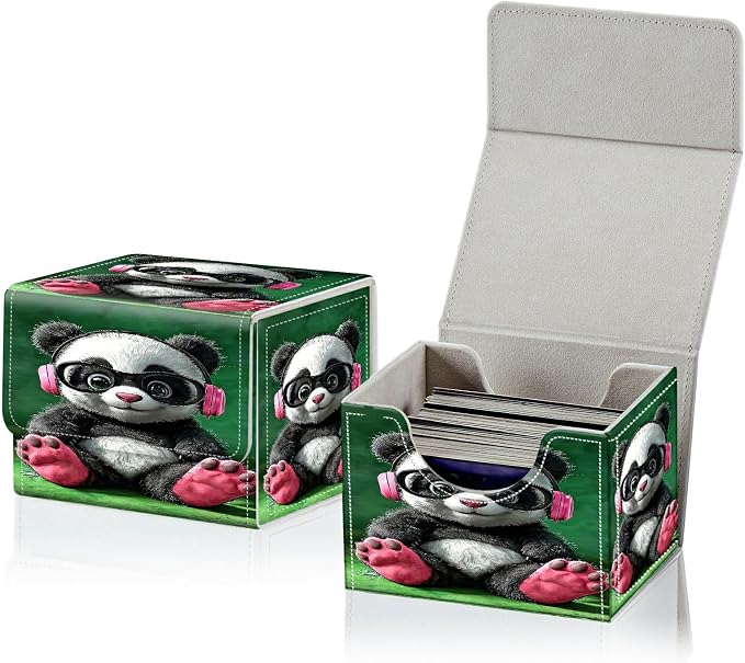 Card Deck Box for MTG, Cards Storage Box Fits 120+ Sleeved, Leather Small Size Strong Magnetic Closing Card Case for Board Games Magic TCG CCG Baseball Collection, Pink Headphones Panda