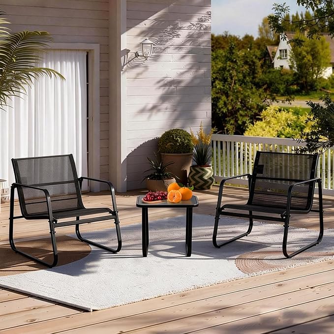 DUMOS 3 Piece Patio Furniture Set，Outdoor Patio Furniture Conversation Set with Table, Patio Sectional Bistro Sets for Lawn, Garden, Balcony, Poolside (Black)