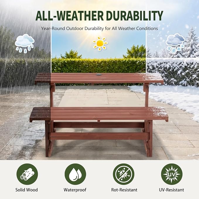 KEIKI 2-in-1 Convertible Wood Picnic Table & Bench with Umbrella Hole | 2-in-1 folding bench and picnic table with umbrella hole, solid wood frame, 500 lb bench capacity