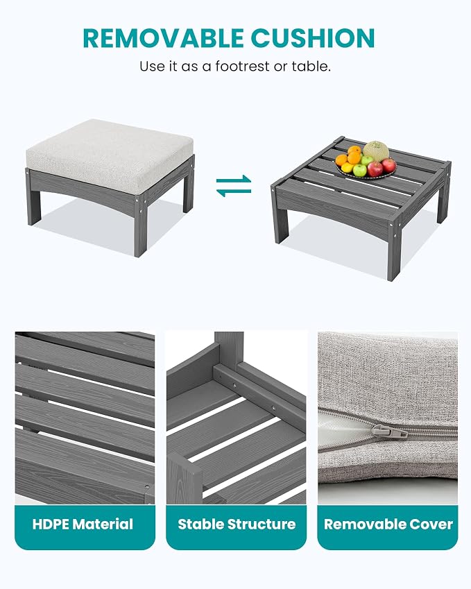 SERWALL 2 Pieces Patio Sofas, HDPE Outdoor Conversation Set with Cushions and Ottoman, Modular Sectional Patio Furniture for Backyard, Deck, Garden, Poolside, Grey Frame with Khaki Cushion