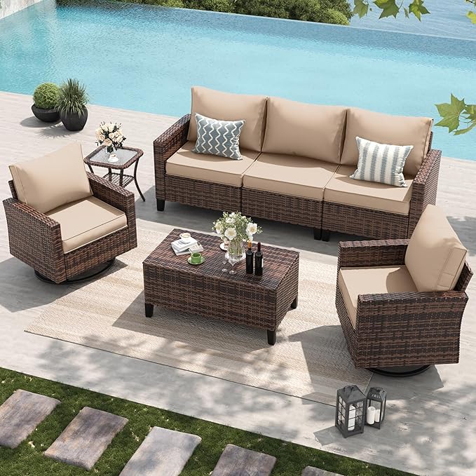 Amopatio Patio Furniture Set, 5-Piece Wicker Outdoor Sectional Sofa with Swivel Rocker Chairs, Rattan Conversation Set with Storage Coffee Table and Waterproof Cover for Backyard Brown/Khak