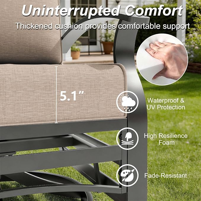 Gotland Outdoor Furniture, Metal Outdoor Swivel Chair with 5.1’’ High-Resilience Seat Cushions 6.2’’ Thick Back Pillow 29.5’’ Deep Seat Removable Cushions, Patio Furniture for Lawn, Porch, Khaki