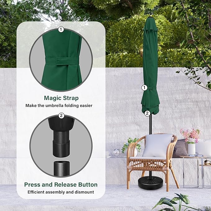 YSSOA 9' Patio Umbrella with 50lbs 20" Capacity Fillable Heavy Duty Round Base, 8 Sturdy Ribs, for Outdoor Lawn, Deck, Poolside, Green and Black