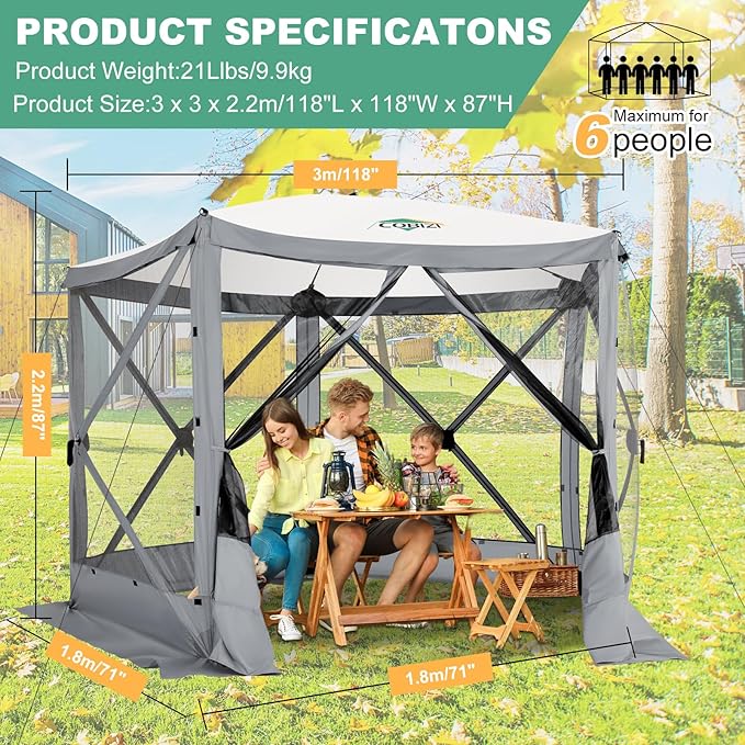 COBIZI 10x10 FT Pop up Gazebo, Popup Canopy Tent, Screened in Gazebos, Waterproof Portable Outdoor Small Screen Tents Sun Shelter,carpas para Patio for Camping, Garden and Backyard,Grey