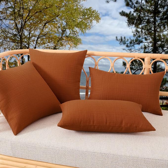Kevin Textile Outdoor Waterproof 14”x24” Pillow Covers 2 Pack, Burnt Orange | Water Resistant, Soft Faux Linen-cotton Yarn-dyed Woven Texture Throw Pillow Covers for Tent Patio Garden Couch Sofa