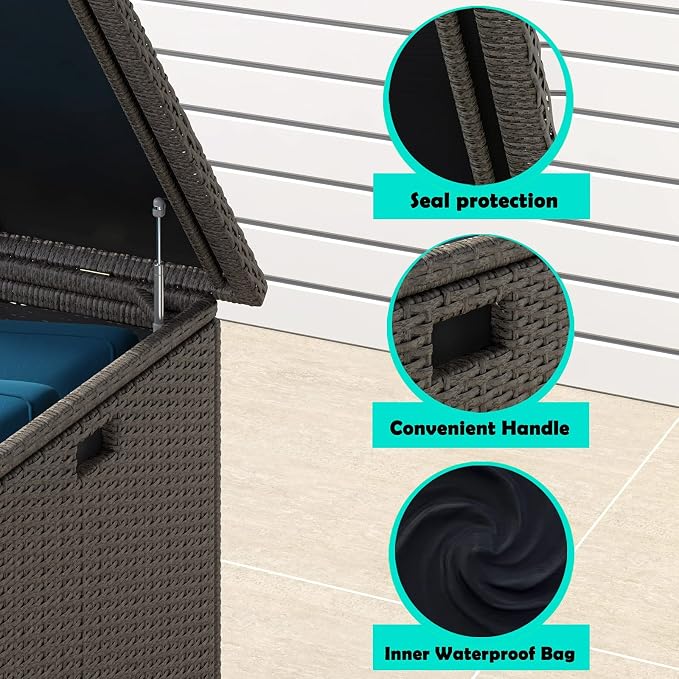 Lepus Large Outdoor Waterfroof Deck Box, 210 Gallon Rattan Deck Storage Box with Built-in Waterproof Bag for Seat Cushion on Patio Garden, Poolside (210, Dark Grey)
