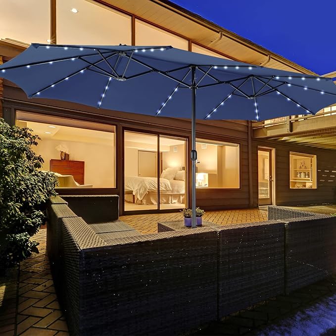 Tangkula 15 Ft Solar Patio Umbrella, Double-Sided Extra Large Outdoor Market Table Umbrella with 48 LED Lights, Crank Handle, 12 Sturdy Ribs for Poolside, Garden & Backyard (Navy)